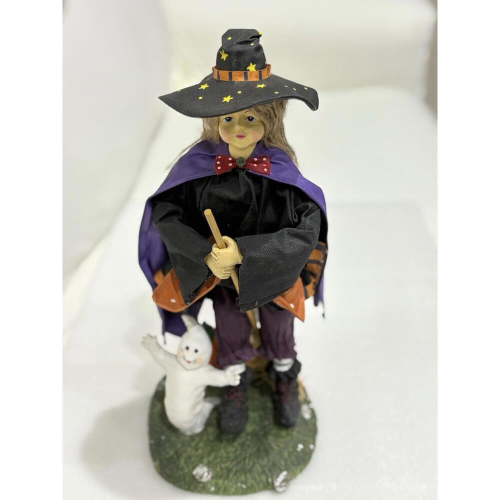 Vintage Halloween Witch Figurine‎ with Ghost – Hand Painted Fabric Doll